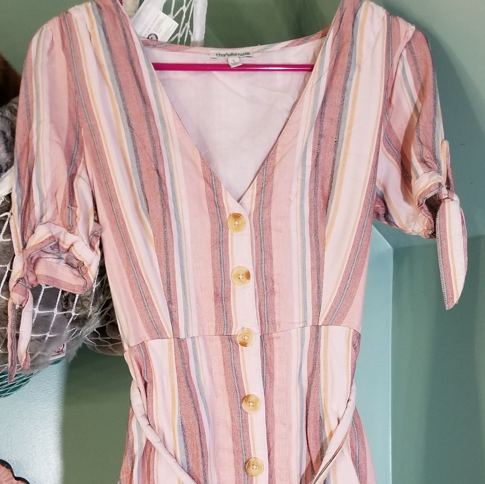 Pink V-Neck Midi Dress with Tie 1/4 Sleeves